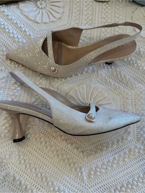 Glitter Slingback Pointed-Toe Heels with Pearl Button - White